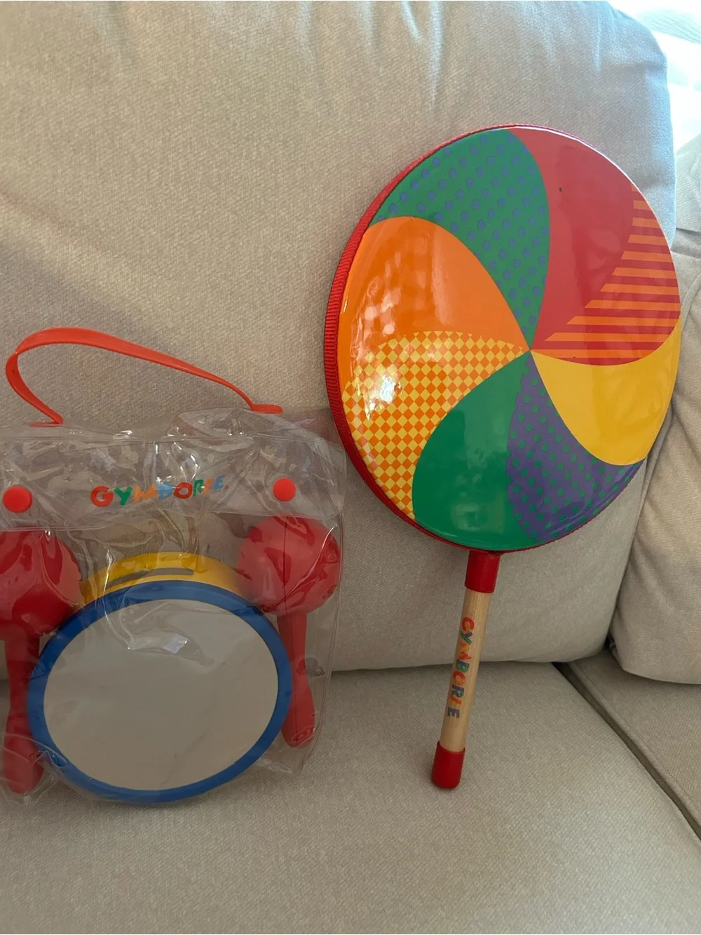 5 pc kids toy set. Tambourine, handheld drum, 2 shaker Moroccans. Carrying bag